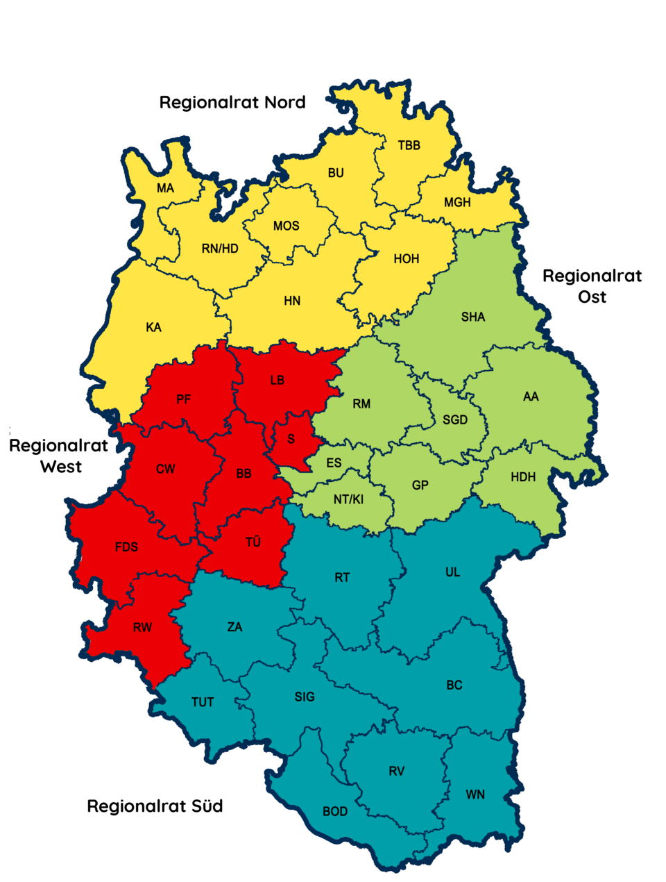 Zu sehen ist eine Karte des Landesverbandes mit allen Kreisverbänden. Die Karte ist farblich in vier Farben eingeteilt, die den vier verschiedenen Regionalräten entsprechen (Nord, Ost, Süd, West).